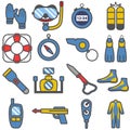 Scuba diving set color icons in flat style. Royalty Free Stock Photo